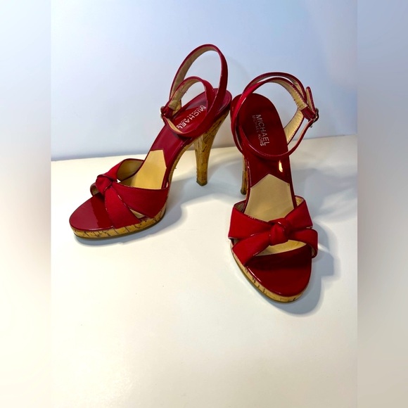 Michael Kors Tied Up Ankle Open Toe Red Fabric & Cork Summer Heels - Picture 1 of 9